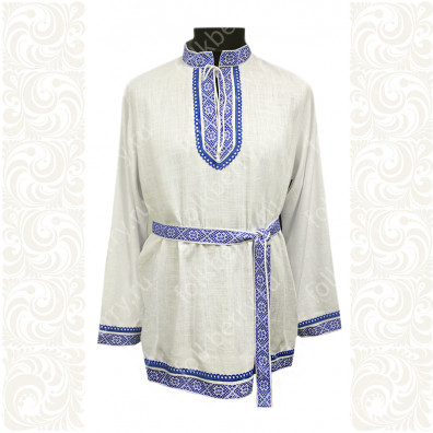 Рубаха мужская Колосок, лён белый, декор синий- фото 1